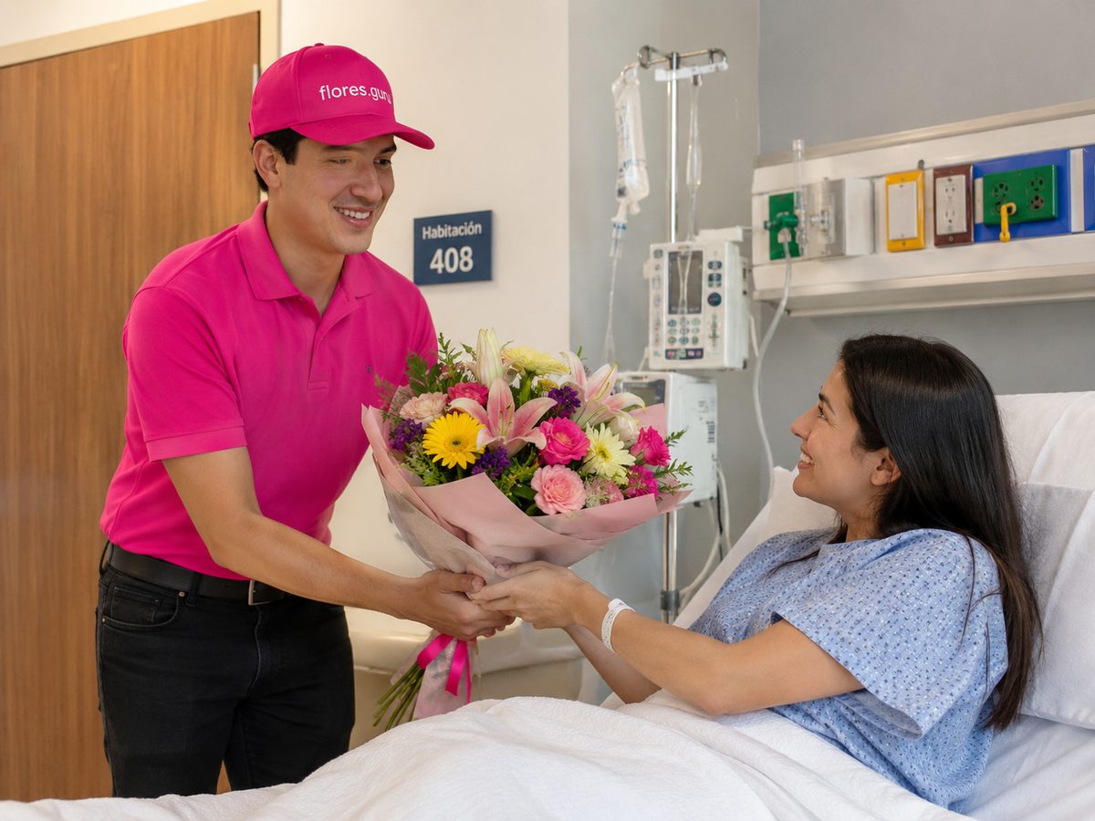 Repartidor de Flores.Guru entregando un ramo en la habitación 408 del Hospital ABC Campus Observatorio